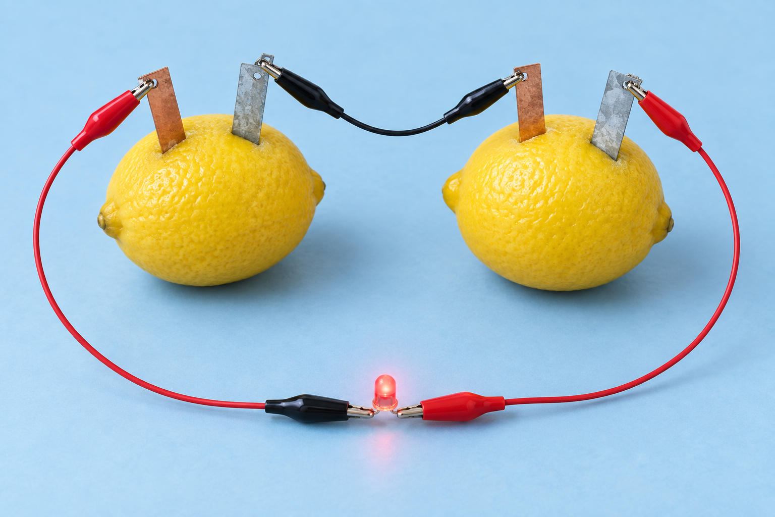 AI-generated illustration of a lemon-battery experiment with metal electrodes, connecting wires and an LED; not a photograph of a completed project prototype.